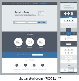 One page design template for business. Landing page wireframe. Ux ui: about, advantages, video, subscribe, features, testimonials, order, gallery, works, certificates, partners, contacts, email, form.