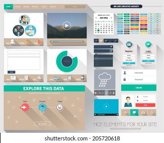 One page flat website design, with isolated elements for ux/ui design. Buttons, banners headers, calendar, menus , icons etc.