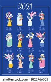 One Page Floral Calendar Design 2021. Hand drawn vector template design with flower vases on blue background. Feminine yearly calendar. Fully editable. Use for wall calendar, cards