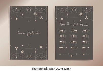 One page gray lunar calendar 2022 year card. Mystic retro moon calendar 2022 poster template design. Lunar phases schedule concept. Vector illustration background. Vintage monthly calendar.
