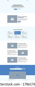 One page landing website design template for business. Landing page ux ui wireframe. Flat modern responsive design. website: home, about, services, features, subscribe, 
Video, footer.
