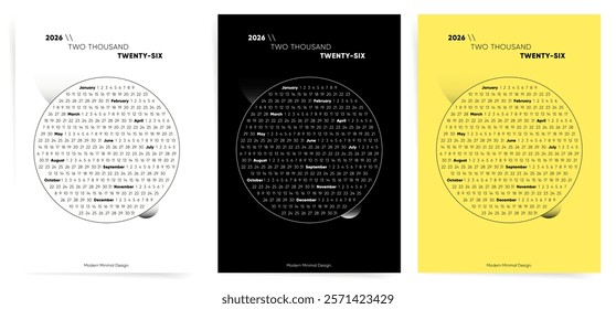 One Page Modern Calendar 2026, Calendar 2026 Sunday Start Minimal Circle Corporate Design Template