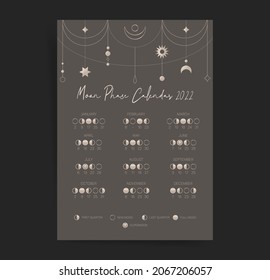 One page moon black retro calendar 2022 year. Modern boho moon calendar poster template design. Lunar phases schedule and cycles. Vector background. Vintage dark retro decorative design.