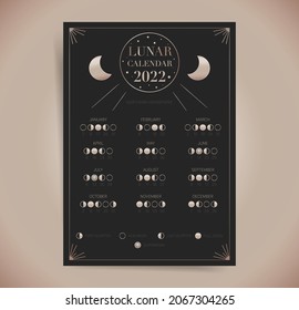 One page moon calendar 2022 year. Modern boho moon calendar poster template design. Lunar phases schedule and cycles. Vector illustration background. Vintage retro decorative design.