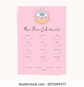 One page moon calendar 2022 year. Modern cute moon calendar poster template design. Lunar phases schedule and cycles. Vector illustration background. Doodle cartoon pink decorative design.