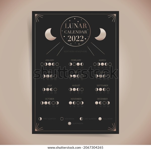 One page moon calendar 2022 year. Modern boho\
moon calendar poster template design. Lunar phases schedule and\
cycles. Vector illustration background. Vintage retro decorative\
design.