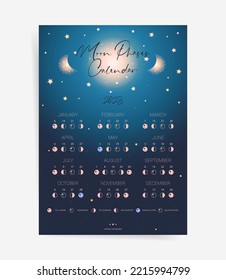 One page moon calendar 2023 year. Modern galaxy moon calendar poster template design. Lunar phases schedule and cycles for 2023 years. Vector illustration background with constellations and stars.	
