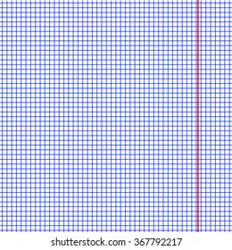 One page of paper sheet school math exercise book with red margin, clean square texture worksheet pattern, blank template student note book, vector illustration