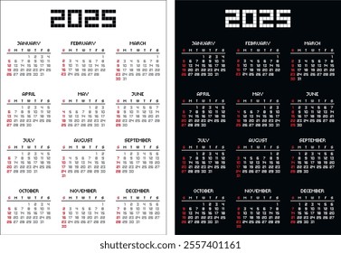 One page pixel calendar template 2025 on white and black background. Pixelated wall or desk business calendar in retro 8 bit style