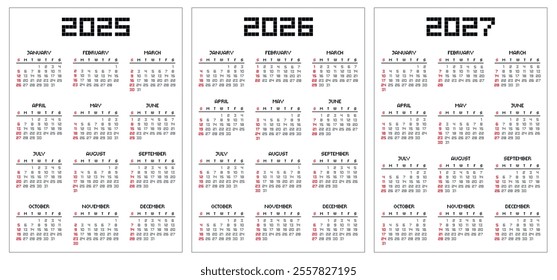 One page pixel calendar template 2025, 2026, 2027 on white background. Pixelated wall or desk business calendar in retro 8 bit style - Powered by Shutterstock - Get 15% off with code: PIKWIZARD15
