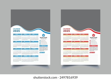 One Page Print Ready Modern wall calendar template design for 2025