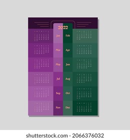 One Page Purple Green Wall Calendar 2022, Holiday event planner, Week Starts Sunday, A4 size, January, February, March, April, May, June, July, August, September, October, November, December