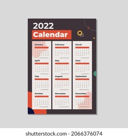 One Page Red Black Calendar 2022, Holiday event planner, Week Starts Sunday, A4 size, January, February, March, April, May, June, July, August, September, October, November, December