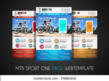 One page SPORT website flat UI design template. It include a lot of flat stlyle icons, forms, header, footeer, menu, banner and spaces for pictures and icons all in one page.