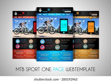 One page SPORT website flat UI design template. It include a lot of flat stlyle icons, forms, header, footeer, menu, banner and spaces for pictures and icons all in one page.