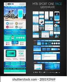 One page SPORT website flat UI design template. It include a lot of flat stlyle icons, forms, header, footeer, menu, banner and spaces for pictures and icons all in one page.