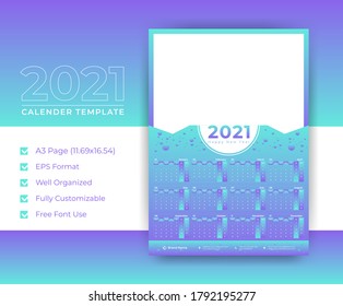 One Page Wall Calendar 2021. Calendar design template with Place for Photo and Company Logo. The week starts on Sunday. Set of 12 months. Calendar 2021 design,