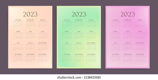 One page wall calendar 2023 fashion elegant business template. Aesthetic planner wall calendar set for 12 months. Weeks starts on Sunday. Beige, Green and Pink gradient colors.
