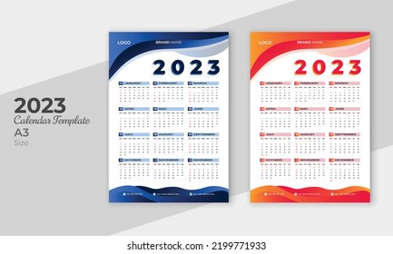 One Page Wall Calendar 2023 year Corporate, simple, clean, and elegant design for 2023 year wall calendar template. Wall calendar 2023.
