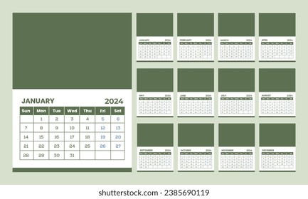 One Page Wall Calendar 2024, Desk Monthly Calendar Template, New Year Wall Calendar Template, 12-month Wall Calendar Design