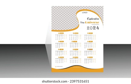 One page wall calendar 2024, calendar 2025 week start Sunday corporate design template vector. 2024 wall calendar.
