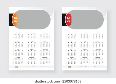 One page wall calendar for 2025, 2026. Week starts on Sunday. One page wall calendar template design. Minimalist style calendar.