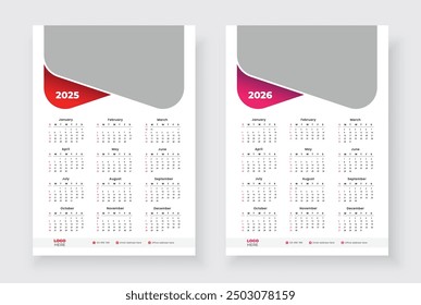 One page wall calendar for 2025, 2026. Week starts on Sunday. One page wall calendar template design. Minimalist style calendar.