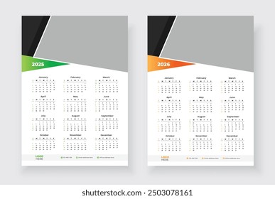 One page wall calendar for 2025, 2026. Week starts on Sunday. One page wall calendar template design. Minimalist style calendar.