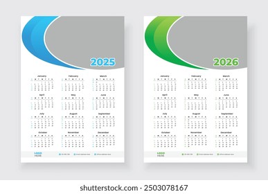 One page wall calendar for 2025, 2026. Week starts on Sunday. One page wall calendar template design. Minimalist style calendar.