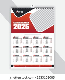 One Page Wall Calendar 2025, Monthly Calendar Template, Modern wall calendar design 2025, corporate wall calendar design