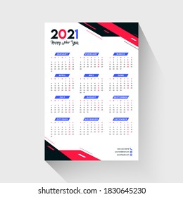 One Page Wall Calendar Design 2021.Wall Calendar Design 2021, Set Wall Calendar template design with Place for Photo and Company Logo.