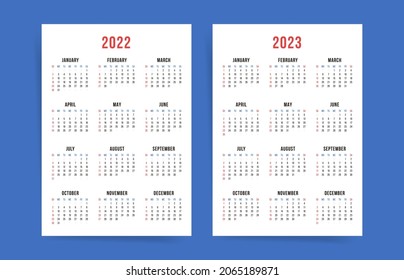 One Page Wall Calendar Design Template For 2022 And 2023 Years. Week Starts On Sunday. 12 Month. Vector Simple Layout. English Language.