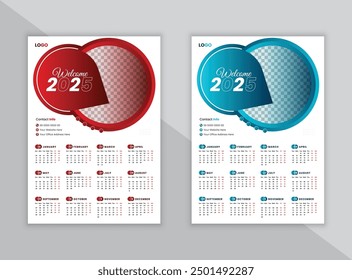 Plantilla de diseño de calendario de pared de una página 2025, diseño moderno de calendario de una página de 12 meses, Plantilla de diseño limpio, minimalista y elegante para 2025, Plantilla de diseño de Vector para 2025 con 2 colores múltiples.