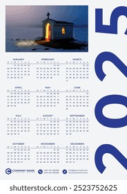  Design de Calendário de Parede de Uma Página, Calendário 2025, Calendário de Página Única, Design de Calendário de 12 meses, Pronto para Impressão, Tamanho A3