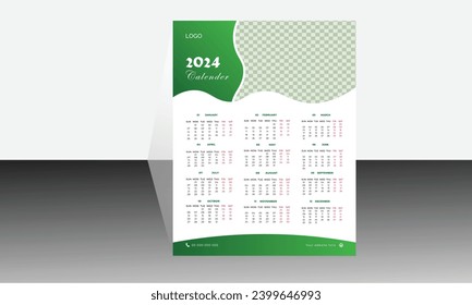 One Page wall calendar template design for 2024, Week starts on Sunday calendar design 2023, Print ready single page clean, and elegant  wall calendar template design , Planner diary.