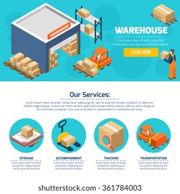 One page of warehouse web site with titles and color icons about different services