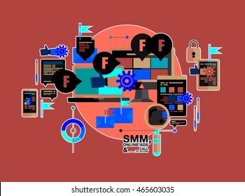 One page web banner flat line design template for brand promotion, social media marketing solution. Vector concept for website of SMM, Online Ads and Call to Action