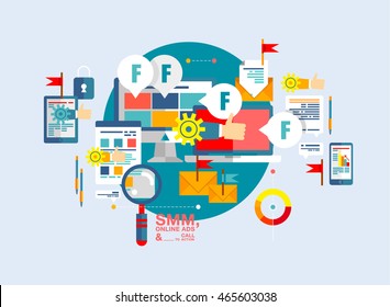 One page web banner flat line design template for brand promotion, social media marketing solution. Vector concept for website of SMM, Online Ads and Call to Action