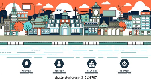 One page web design city skyline detailed template with thin line icons,
Concept website elements layout, illustrator Vector