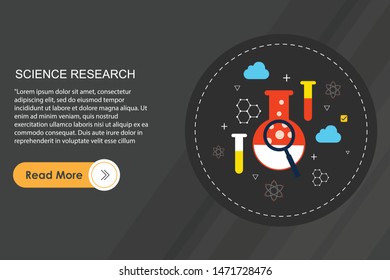One page web design template with flat icons. Science Lab, Testing equipment, Analysis and Education. Scientific Research, Chemical Experiment.