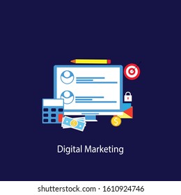 One page web design template with thin line icons of digital marketing advertising, social media campaign promotion, smm data research. Flat design graphic hero image concept, website elements layout.