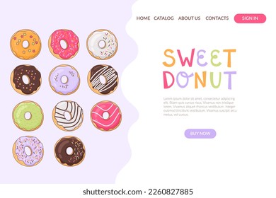 One page web design template with assortment of bakery or cafe donuts. Place for text. Vector.