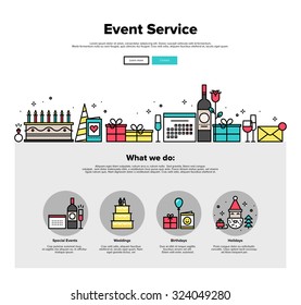 One page web design template with thin line icons of special event and happy birthday party organization, catering service agency. Flat design graphic hero image concept, website elements layout.