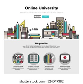 Plantilla de diseño web de una página con iconos delgados del aprendizaje del taller del campus en internet, espacio universitario en línea para la educación de coworking. Diseño plano concepto de imagen de héroe gráfico, diseño de elementos de sitio web