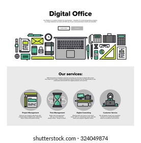 One page web design template with thin line icons of digital office, project management service, business solution platform for startup. Flat design graphic hero image concept, website elements layout