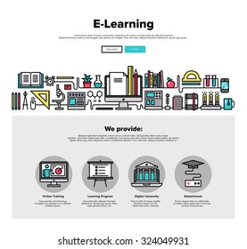 One page web design template with thin line icons of e-learning education process, applied science study, distance class for web course. Flat design graphic hero image concept, website elements layout