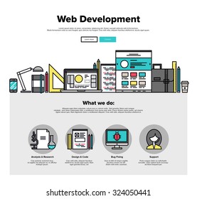 One page web design template with thin line icons of web studio services. Website optimization, SEO analysis, bug testing and fixing. Flat design graphic hero image concept, website elements layout.
