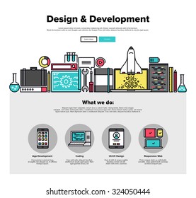 One page web design template with thin line icons of development services by design studio. UI and UX for web, app coding and more. Flat design graphic hero image concept, website elements layout.