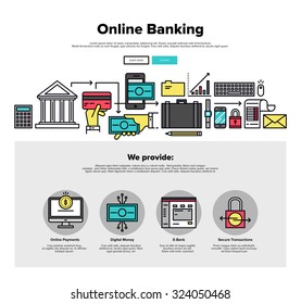 One page web design template with thin line icons of online bank services, internet banking operations, secure payment transactions. Flat design graphic hero image concept, website elements layout.