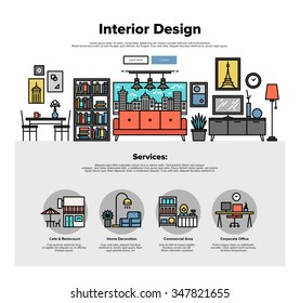 One page web design template with thin line icons of commercial property decoration, real estate interior improve, apartment dwelling. Flat design graphic hero image concept, website elements layout.